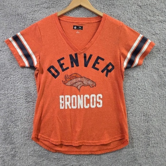 NFL Tops - Denver Broncos Women's‎ Large Bling T-Shirt Rhinestone V-Neck Orange NFL Sparkly